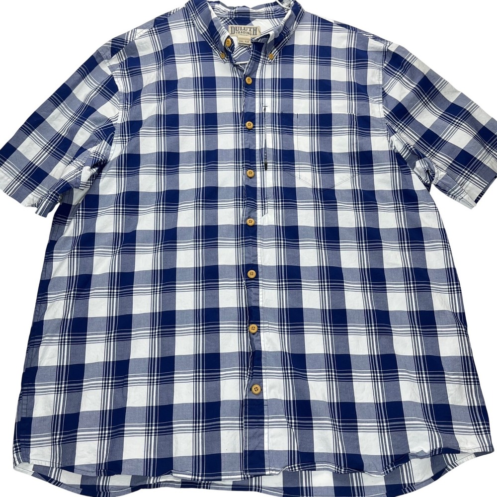 Duluth Trading Co Shirt Mens 2XL Tall Blue White Plaid Cotton Blend Relaxed Fit - Picture 2 of 12